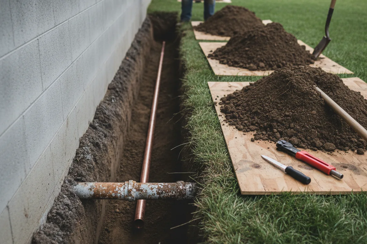 Excavated water line trench during Sewer Line Repair in Elk